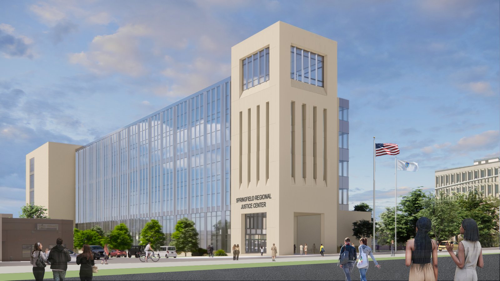 Architectural rendering of the new Springfield Regional Justice Center at 125 Liberty Street, showing the main entrance and public plaza